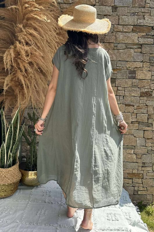 Made in Italy Sa Caleta Cotton Cap Sleeve Pocket Midaxi Dress Khaki